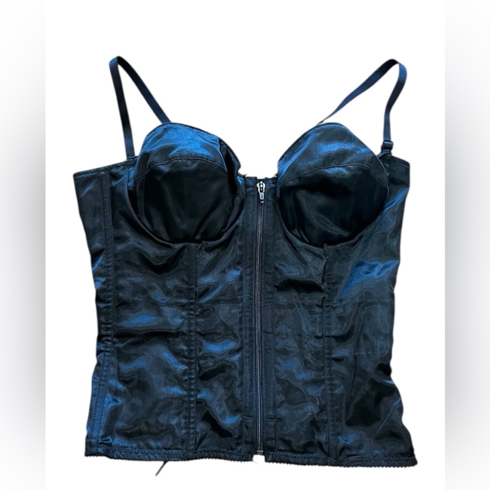 Frederick’s of Hollywood black Satin zipper lace vintage Y2K bustier Corset-38C